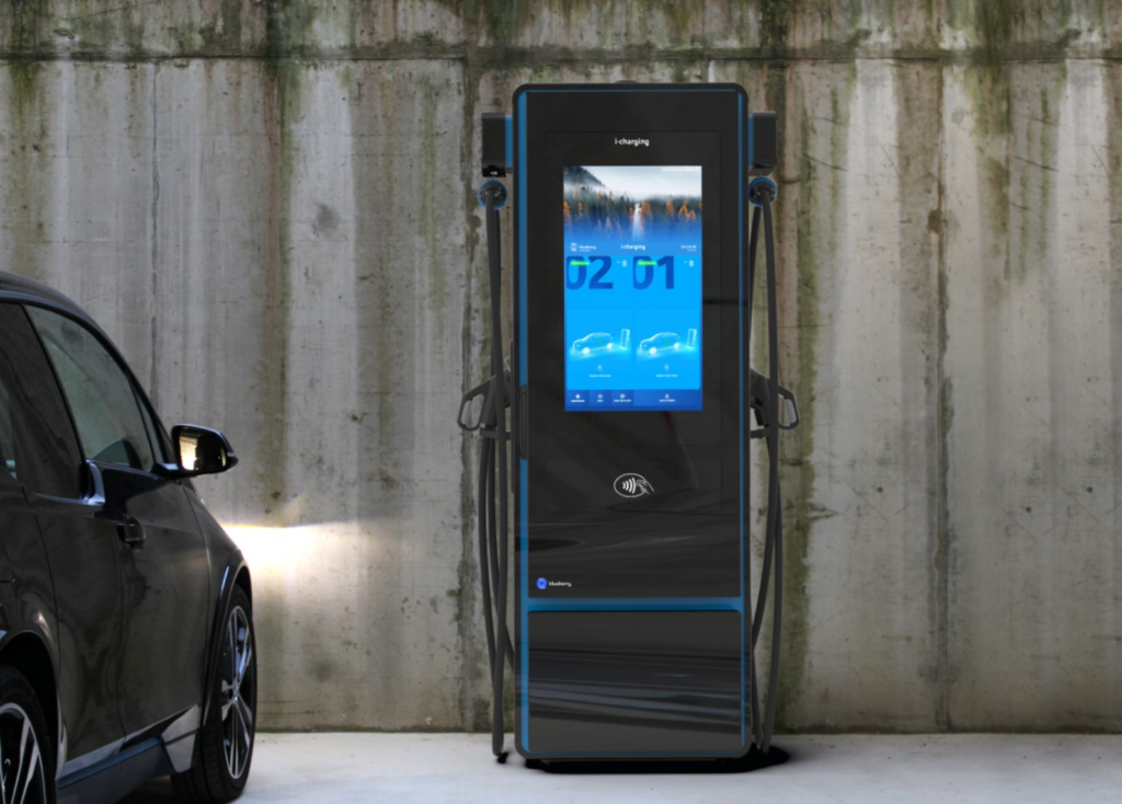 An advanced EV charging station with a car connected, showcasing the quality manufacturing and innovative solutions of Supernova Energy.